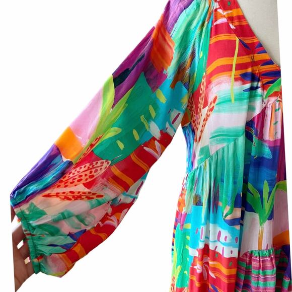 Colorful Maxi Dress Oversized V-Neck Long Sleeves Tropical Bold Print Small NEW - Picture 3 of 7